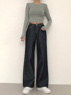 DAZY Pantalones Jeans informales de mujer de pierna ancha y corte holgado con bolsillos