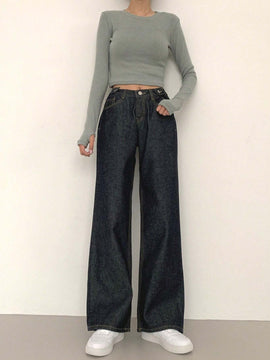 DAZY Pantalones Jeans informales de mujer de pierna ancha y corte holgado con bolsillos