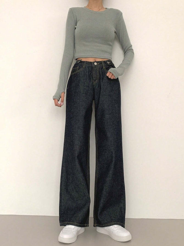 DAZY Pantalones Jeans informales de mujer de pierna ancha y corte holgado con bolsillos