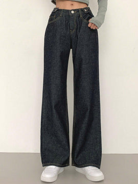 DAZY Pantalones Jeans informales de mujer de pierna ancha y corte holgado con bolsillos