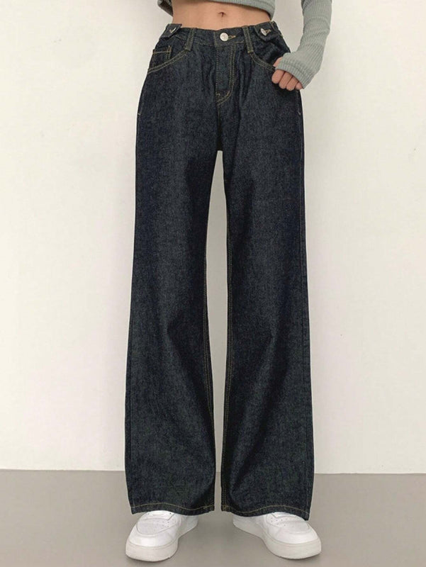 DAZY Pantalones Jeans informales de mujer de pierna ancha y corte holgado con bolsillos
