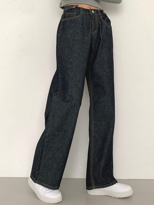 DAZY Pantalones Jeans informales de mujer de pierna ancha y corte holgado con bolsillos