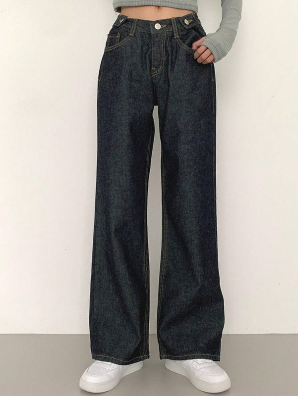 DAZY Pantalones Jeans informales de mujer de pierna ancha y corte holgado con bolsillos