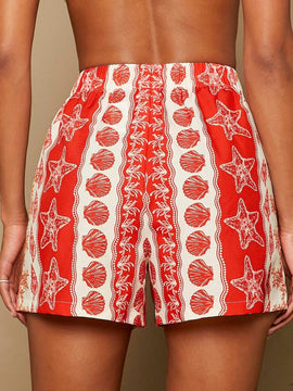 TRVLCHIC Pantalones cortos anchos de talle alto tejidos para mujer en rojo y blanco con estampado de patron del oceano, ideales para playa, primavera/verano y vacaciones