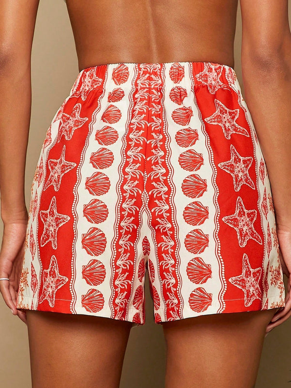TRVLCHIC Pantalones cortos anchos de talle alto tejidos para mujer en rojo y blanco con estampado de patron del oceano, ideales para playa, primavera/verano y vacaciones