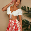 TRVLCHIC Pantalones cortos anchos de talle alto tejidos para mujer en rojo y blanco con estampado de patron del oceano, ideales para playa, primavera/verano y vacaciones