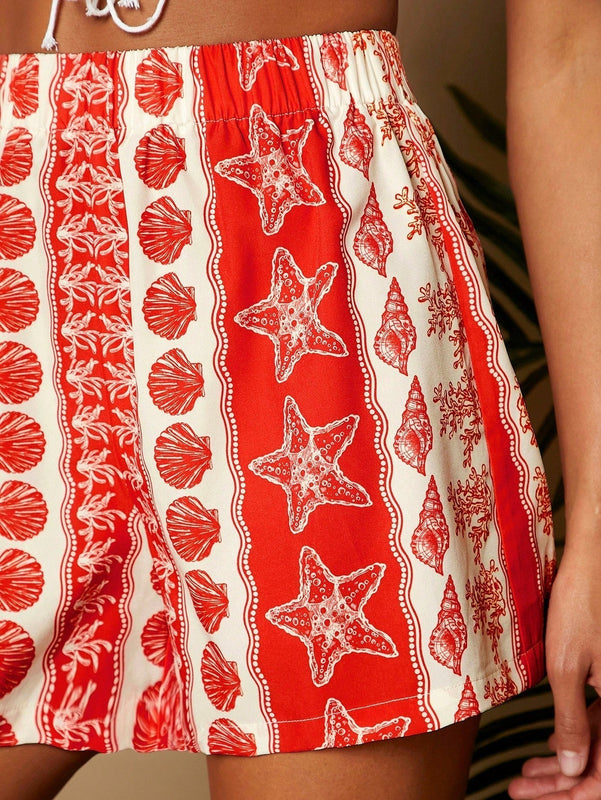 TRVLCHIC Pantalones cortos anchos de talle alto tejidos para mujer en rojo y blanco con estampado de patron del oceano, ideales para playa, primavera/verano y vacaciones