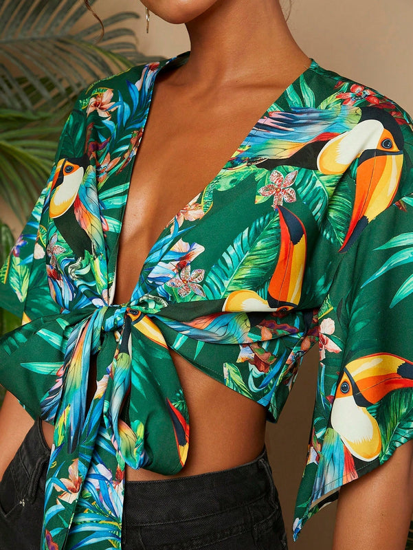 TRVLCHIC Blusa de manga acampanada con nudo frontal de verano para mujer, tejido de vacaciones, atuendos de festival de rave, camisas casuales para mujer, crop top, camisa hawaiana, cardigan de verano
