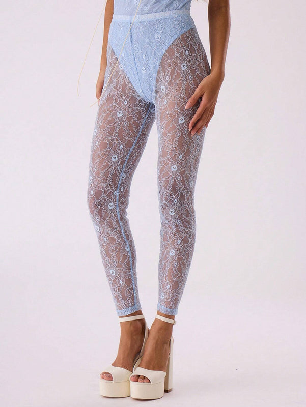 NEW MUSERA Leggins transparentes de encaje floral
