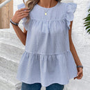 LUNE Camisa de manga abullonada y cuello redondo para mujer con dobladillo con volantes, parte superior estilo muneca casual de rayas azules y blancas para vacaciones de verano