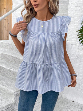 LUNE Camisa de manga abullonada y cuello redondo para mujer con dobladillo con volantes, parte superior estilo muneca casual de rayas azules y blancas para vacaciones de verano