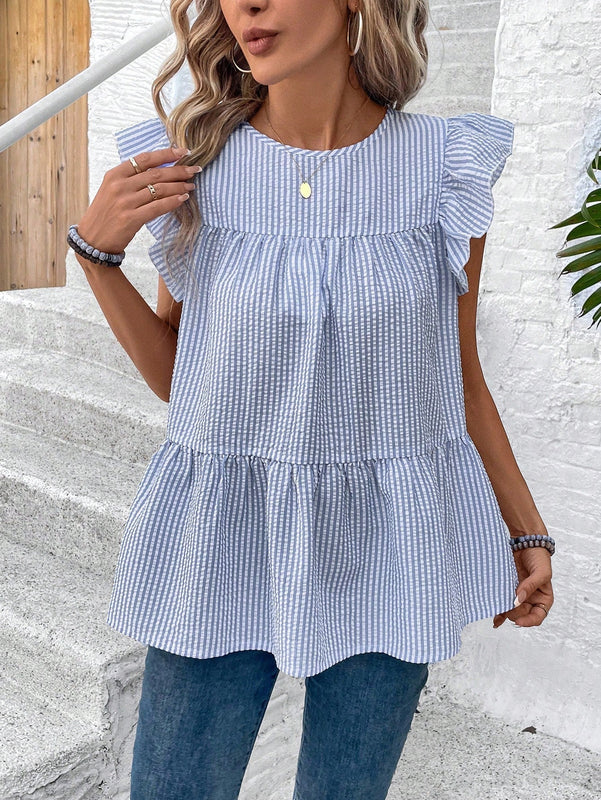 LUNE Camisa de manga abullonada y cuello redondo para mujer con dobladillo con volantes, parte superior estilo muneca casual de rayas azules y blancas para vacaciones de verano