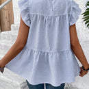 LUNE Camisa de manga abullonada y cuello redondo para mujer con dobladillo con volantes, parte superior estilo muneca casual de rayas azules y blancas para vacaciones de verano