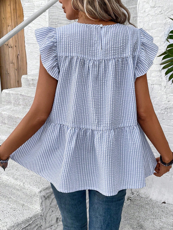 LUNE Camisa de manga abullonada y cuello redondo para mujer con dobladillo con volantes, parte superior estilo muneca casual de rayas azules y blancas para vacaciones de verano