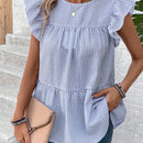 LUNE Camisa de manga abullonada y cuello redondo para mujer con dobladillo con volantes, parte superior estilo muneca casual de rayas azules y blancas para vacaciones de verano