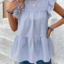 LUNE Camisa de manga abullonada y cuello redondo para mujer con dobladillo con volantes, parte superior estilo muneca casual de rayas azules y blancas para vacaciones de verano