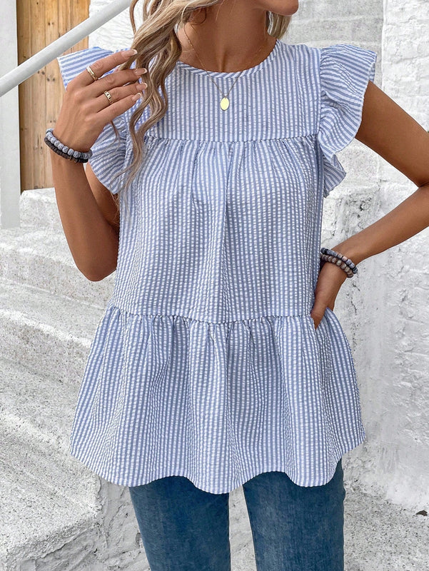 LUNE Camisa de manga abullonada y cuello redondo para mujer con dobladillo con volantes, parte superior estilo muneca casual de rayas azules y blancas para vacaciones de verano