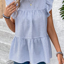 LUNE Camisa de manga abullonada y cuello redondo para mujer con dobladillo con volantes, parte superior estilo muneca casual de rayas azules y blancas para vacaciones de verano