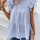 LUNE Camisa de manga abullonada y cuello redondo para mujer con dobladillo con volantes, parte superior estilo muneca casual de rayas azules y blancas para vacaciones de verano