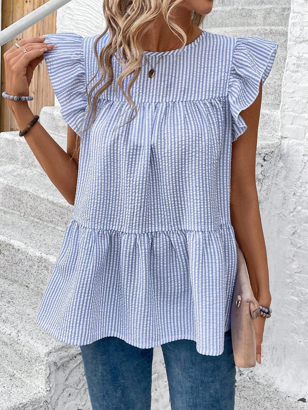 LUNE Camisa de manga abullonada y cuello redondo para mujer con dobladillo con volantes, parte superior estilo muneca casual de rayas azules y blancas para vacaciones de verano