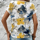 Camisa casual de vacaciones de verano para mujer con cuello redondo en V con estampado floral tenido anudado y de a grande