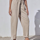 EZwear Pantalon largo casual de mujer con cintura ajustable con lazo y bolsillos, en unicolor