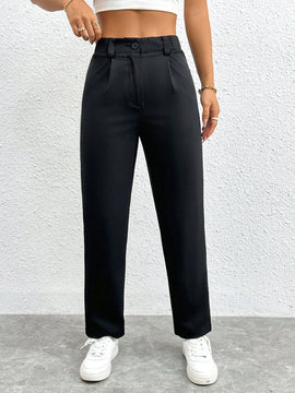 Petite pantalones negros antarrugas rectos de cintura alta