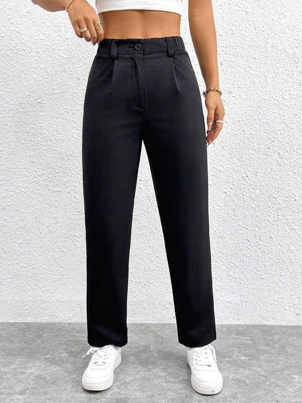Petite pantalones negros antarrugas rectos de cintura alta