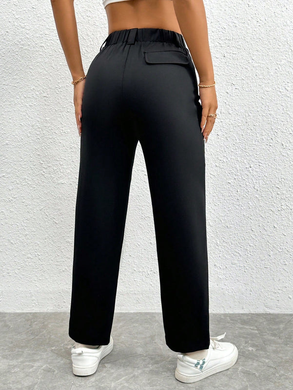 Petite pantalones negros antarrugas rectos de cintura alta