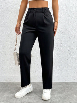 Petite pantalones negros antarrugas rectos de cintura alta