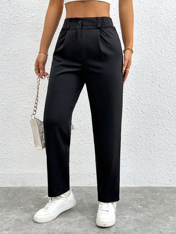 Petite pantalones negros antarrugas rectos de cintura alta