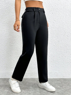 Petite pantalones negros antarrugas rectos de cintura alta