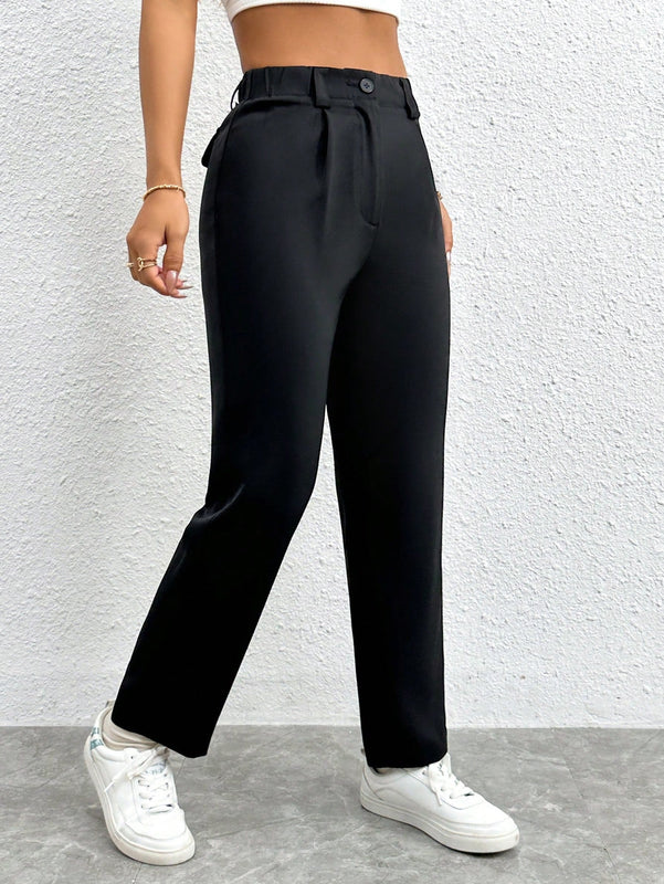 Petite pantalones negros antarrugas rectos de cintura alta