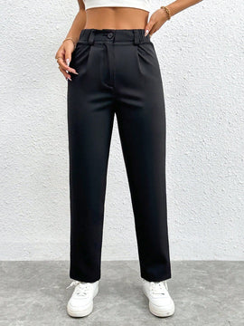 Petite pantalones negros antarrugas rectos de cintura alta
