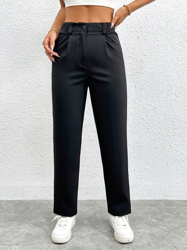 Petite pantalones negros antarrugas rectos de cintura alta