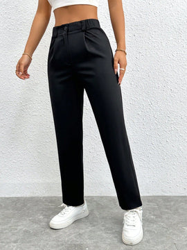 Petite pantalones negros antarrugas rectos de cintura alta