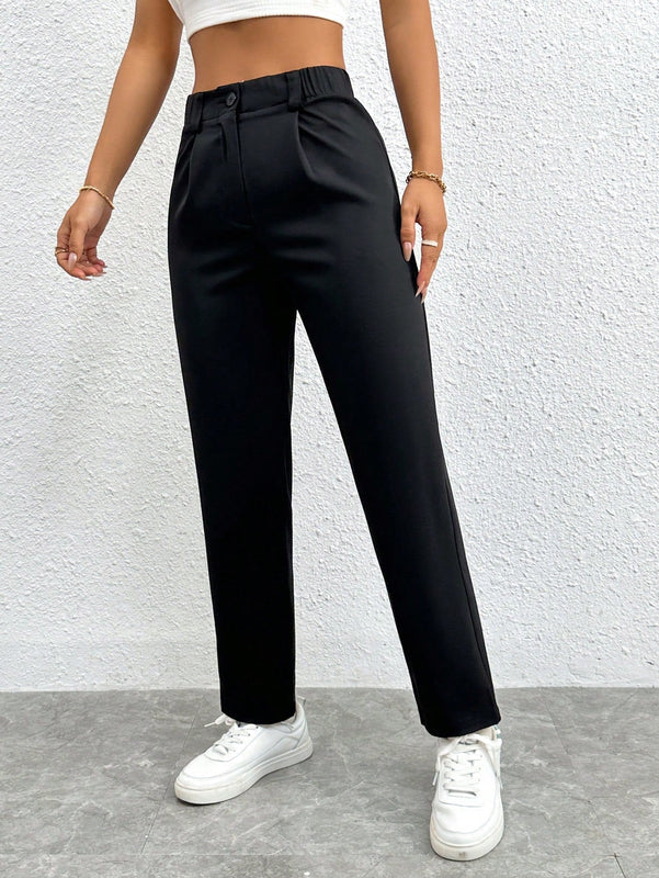 Petite pantalones negros antarrugas rectos de cintura alta