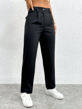 Petite pantalones negros antarrugas rectos de cintura alta