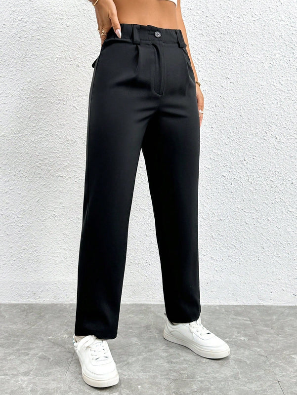 Petite pantalones negros antarrugas rectos de cintura alta