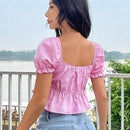 EZwear Blusa casual tejida rosa para mujer con mangas abullonadas