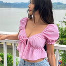 EZwear Blusa casual tejida rosa para mujer con mangas abullonadas