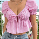 EZwear Blusa casual tejida rosa para mujer con mangas abullonadas