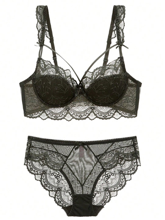 Conjunto De Brasier De Encaje De Mujer Y Lenceria Delgada Con Diseno De Cruz Y Correa De Encaje Sexy Que Te Hace Lucir Mas Delgada, Incluyendo Tangas, 2 Piezas / Conjunto