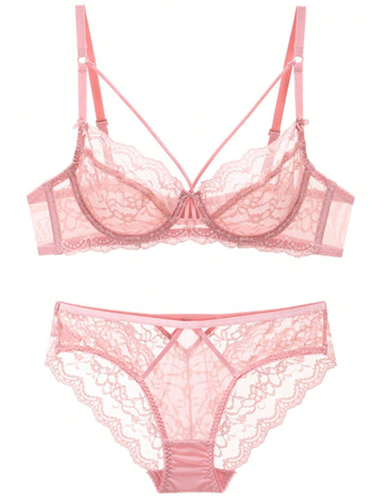 Conjunto de sujetador y bragas sexy para mujer con encaje transparente, sujetador ultra delgado y sin relleno invisible para bustos grandes con efecto de copa pequena.