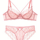 Conjunto de sujetador y bragas sexy para mujer con encaje transparente, sujetador ultra delgado y sin relleno invisible para bustos grandes con efecto de copa pequena.