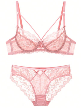 Conjunto de sujetador y bragas sexy para mujer con encaje transparente, sujetador ultra delgado y sin relleno invisible para bustos grandes con efecto de copa pequena.