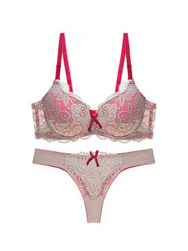 Conjunto De Tanga Y Sujetador Push-up Sexy De Encaje Con Bloques De Colores, Conjunto De Lenceria De Dama De Estilo Frances