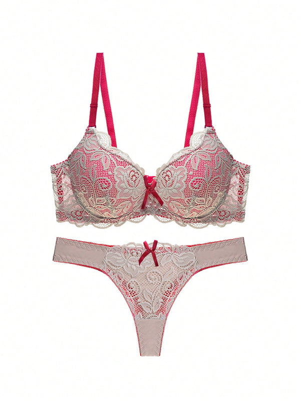 Conjunto De Tanga Y Sujetador Push-up Sexy De Encaje Con Bloques De Colores, Conjunto De Lenceria De Dama De Estilo Frances