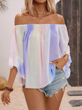VCAY Camisa casual de mujer de chifon con hombros descubiertos y corte holgado