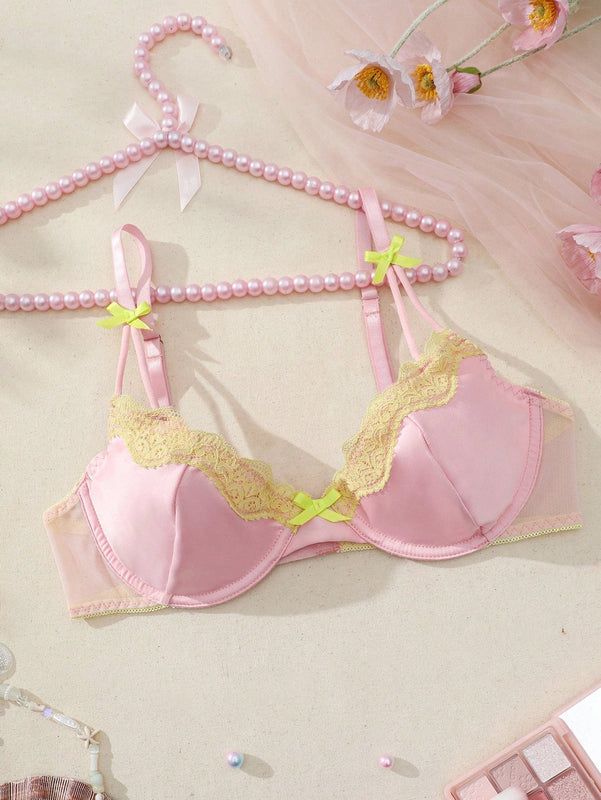 Sujetador amarillo y rosa con ribetes de encaje para mujer